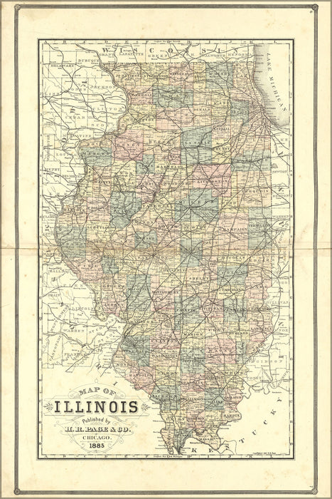 24"x36" Gallery Poster, Map of Illinois 1885