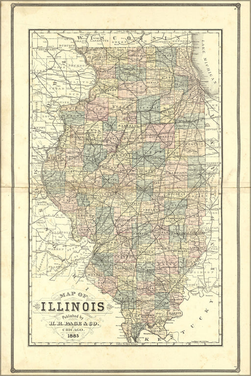 24"x36" Gallery Poster, Map of Illinois 1885