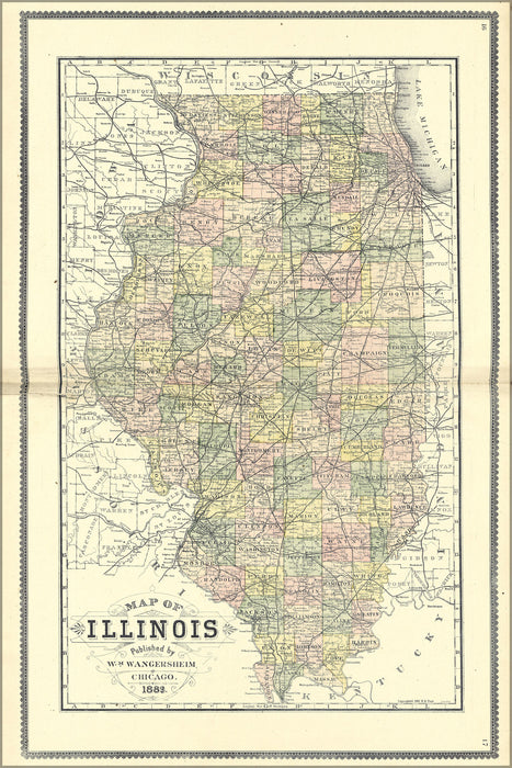 24"x36" Gallery Poster, Map of Illinois 1889