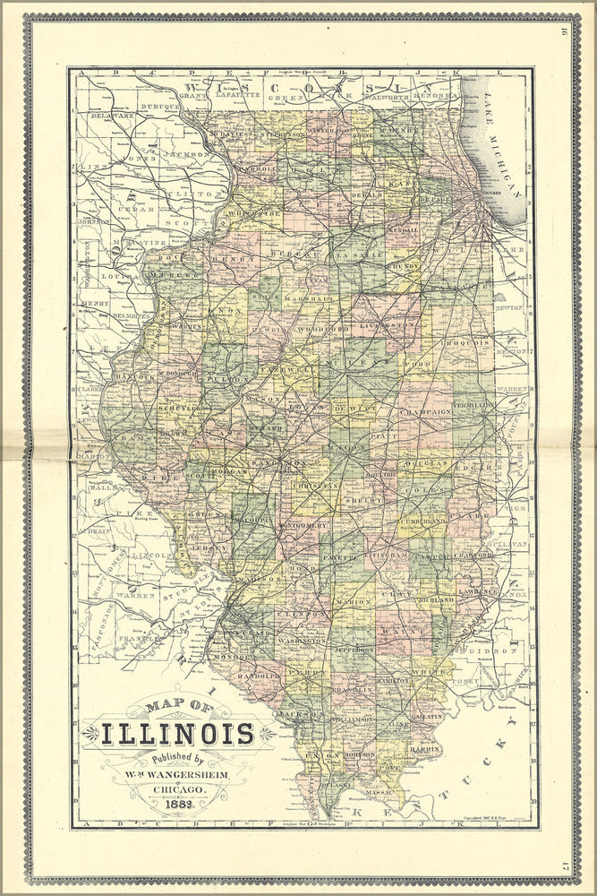 24"x36" Gallery Poster, Map of Illinois 1889