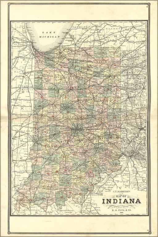 24"x36" Gallery Poster, Map of Indiana 1885