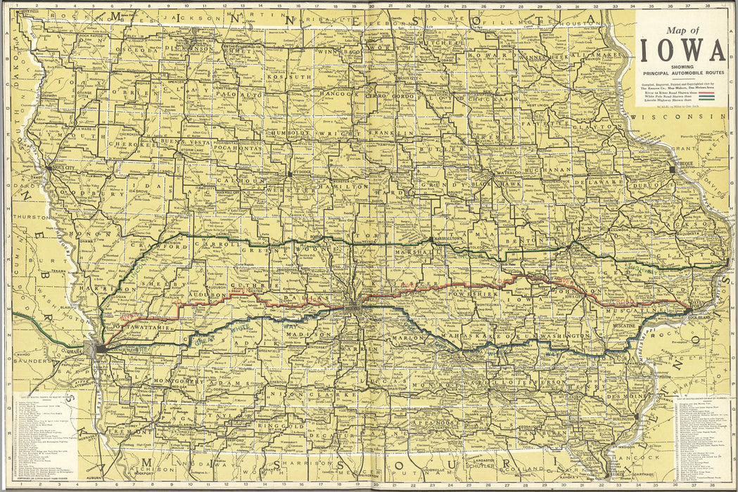 24"x36" Gallery Poster, Map of Iowa Automobile Routes 1914