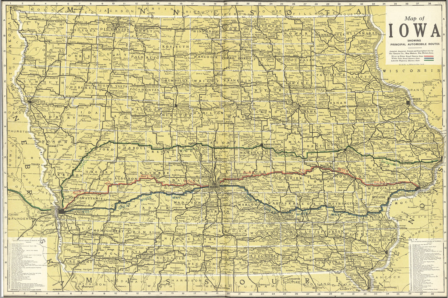 24"x36" Gallery Poster, Map of Iowa Automobile Routes 1914