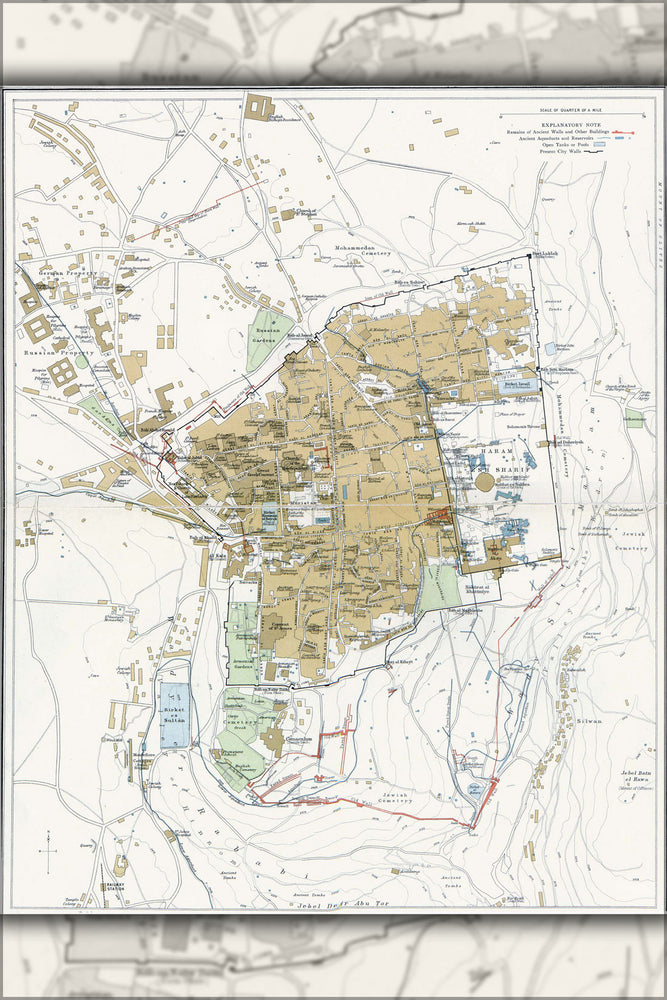 24"x36" Gallery Poster, Map of Jerusalem, 1915