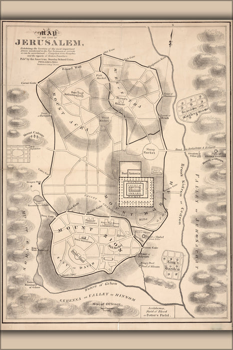 24"x36" Gallery Poster, Map of Jerusalem israel with New Testament locations 19th century