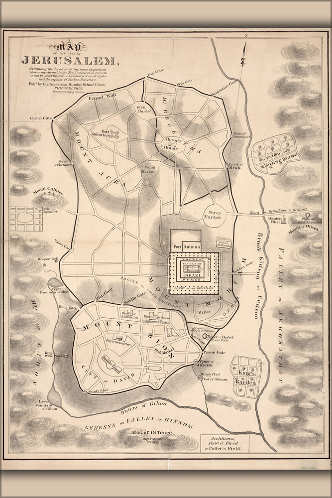 24"x36" Gallery Poster, Map of Jerusalem israel with New Testament locations 19th century