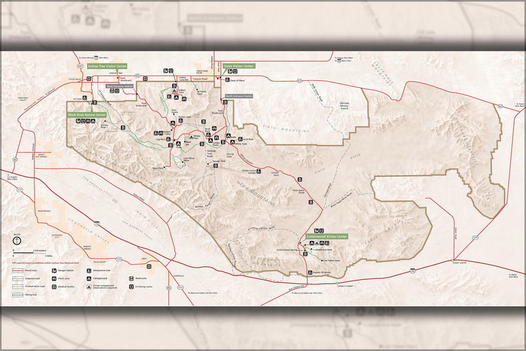24"x36" Gallery Poster, Map of Joshua Tree National Park, Mojave Desert, California