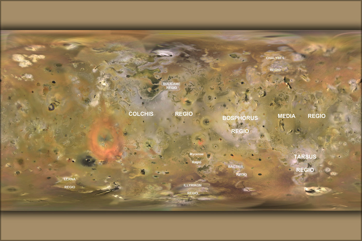 24"x36" Gallery Poster, Map of Jupiter moon Io created from Voyager and Galileo imagery