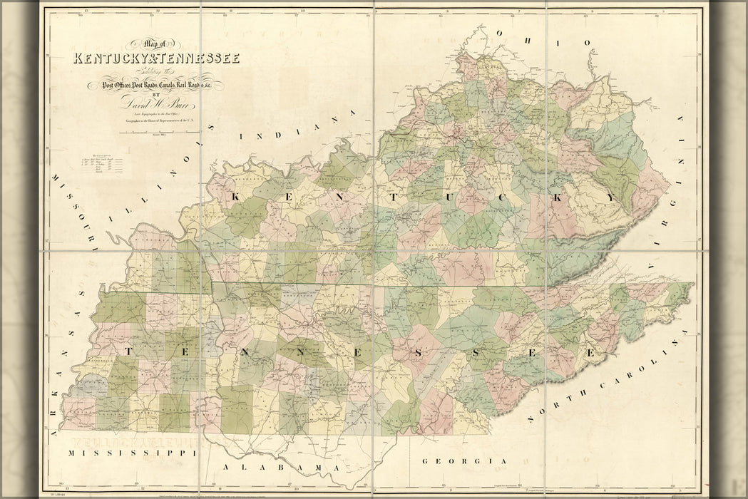 24"x36" Gallery Poster, Map of Kentucky & Tennessee 1839