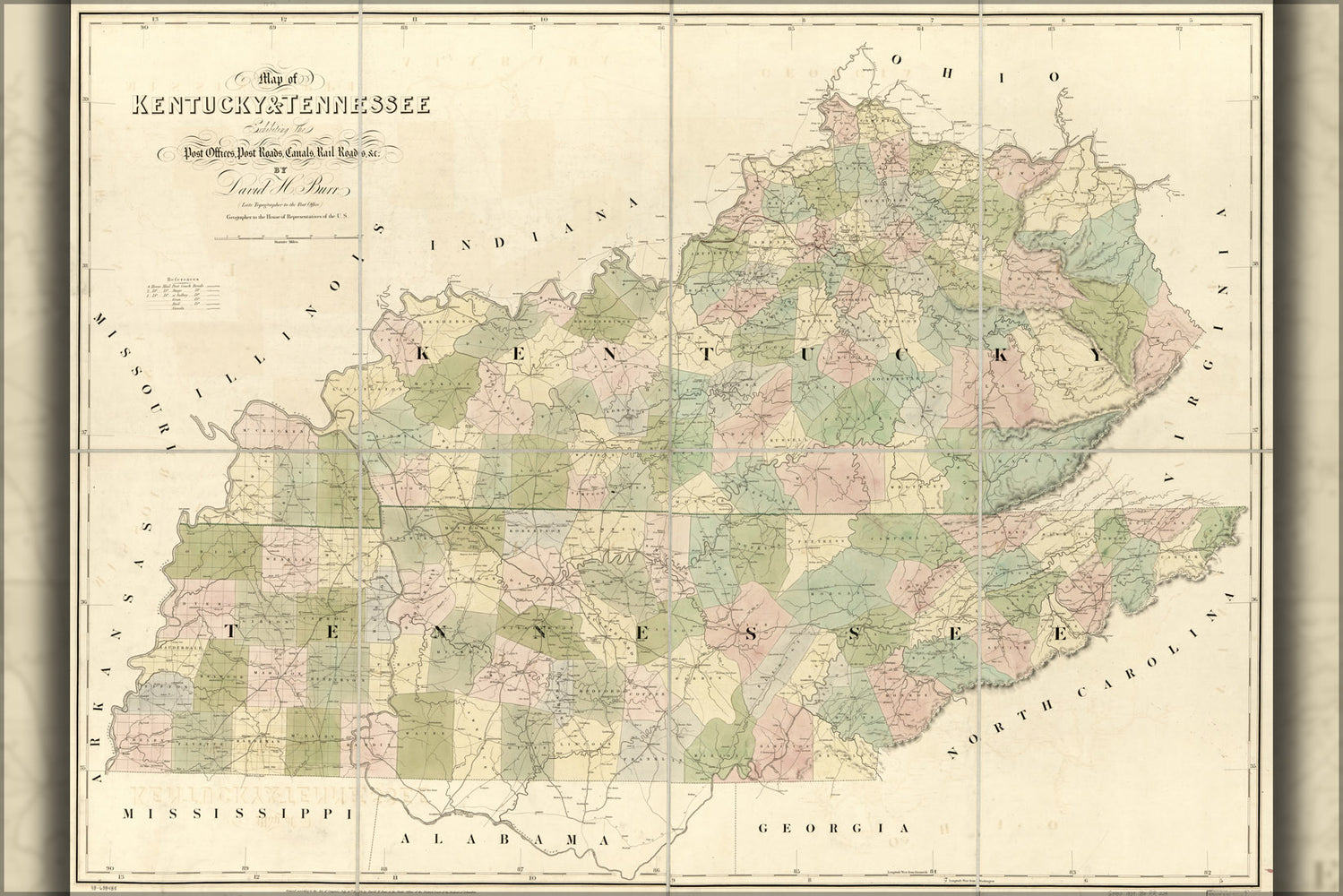 24"x36" Gallery Poster, Map of Kentucky & Tennessee 1839