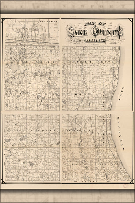 24"x36" Gallery Poster, Map of Lake County, Illinois 1873