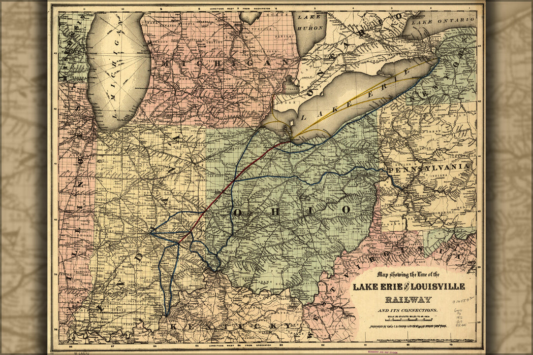 24"x36" Gallery Poster, Map of Lake Erie and Louisville Railroad 1872