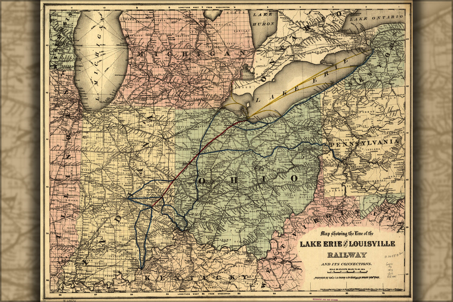 24"x36" Gallery Poster, Map of Lake Erie and Louisville Railroad 1872