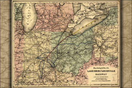 24"x36" Gallery Poster, Map of Lake Erie and Louisville Railroad 1872