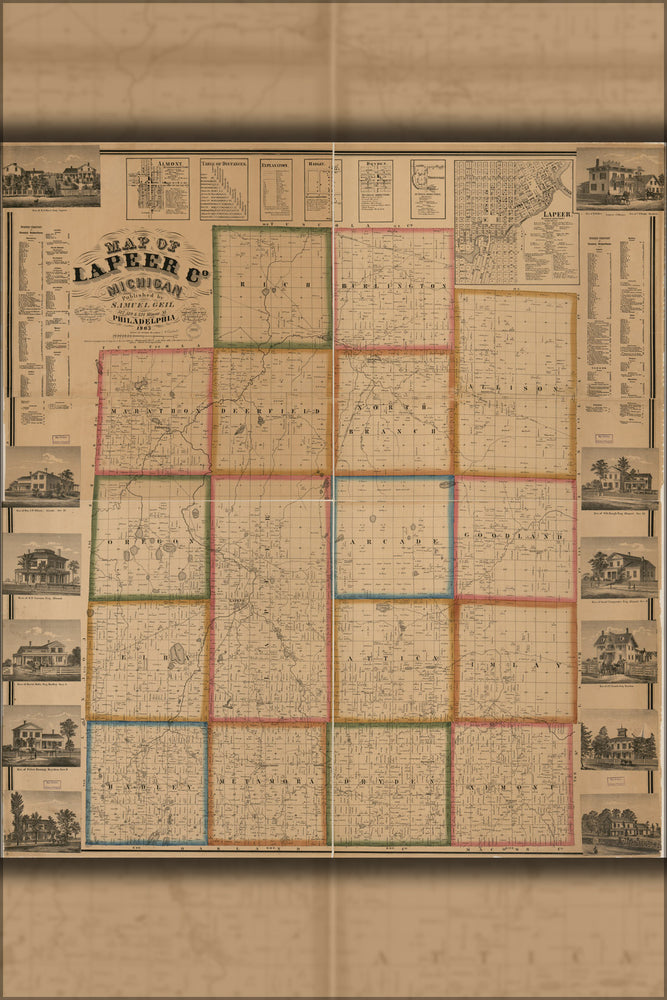 24"x36" Gallery Poster, Map of Lapeer Co., Michigan 1863