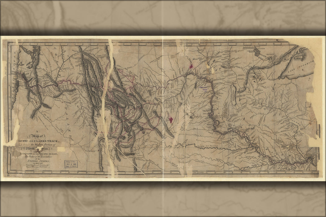 24"x36" Gallery Poster, Map of Lewis and Clark path 1810