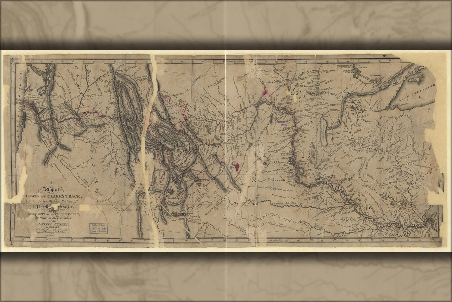 24"x36" Gallery Poster, Map of Lewis and Clark path 1810