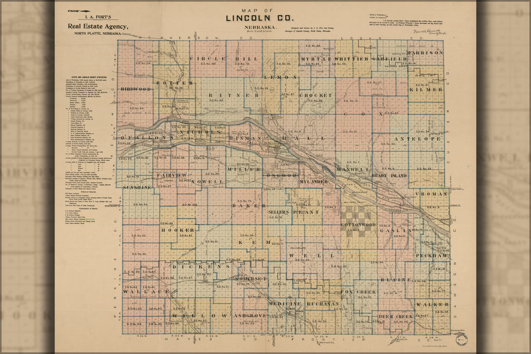 24"x36" Gallery Poster, Map of Lincoln Co. Nebraska 1894