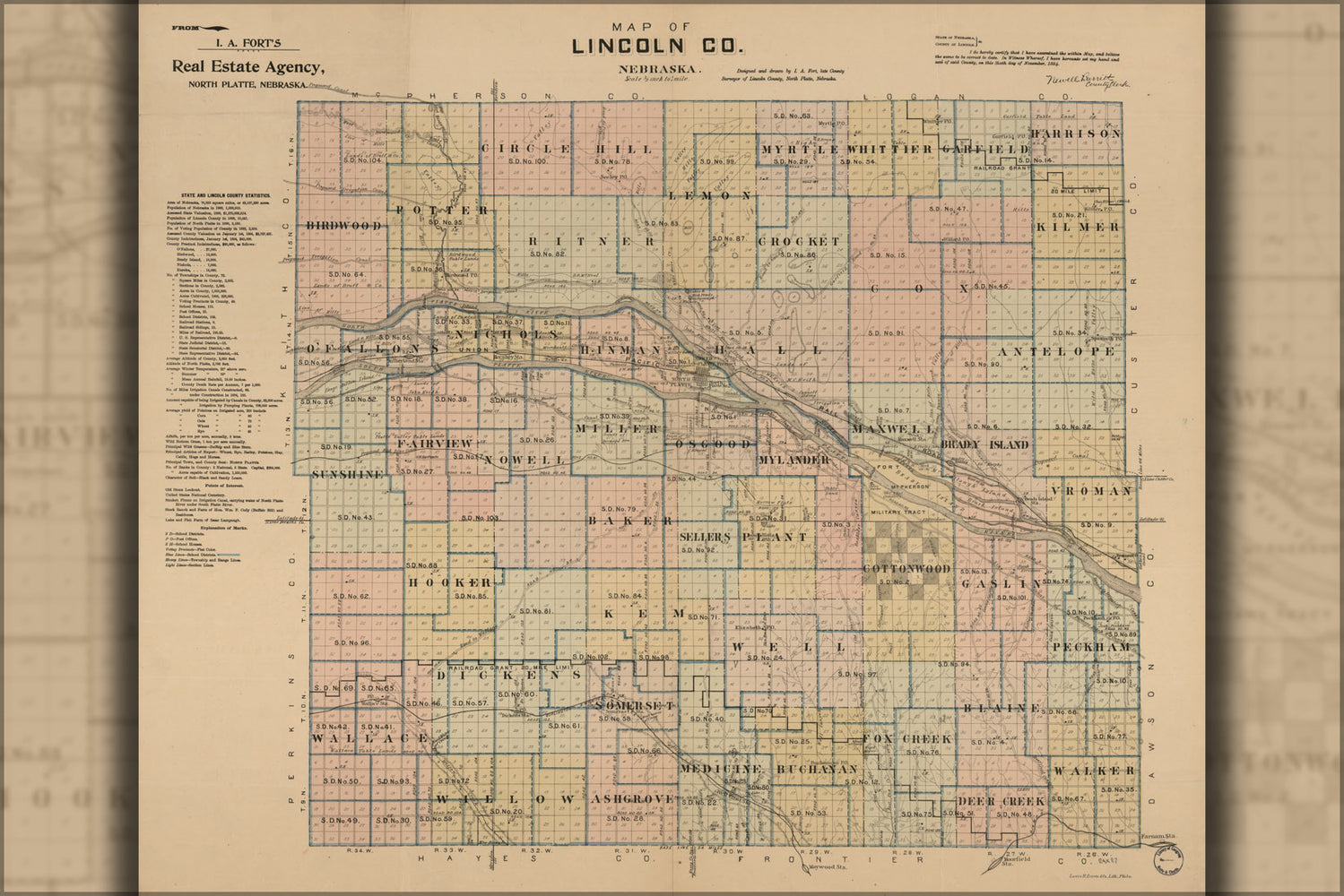 24"x36" Gallery Poster, Map of Lincoln Co. Nebraska 1894