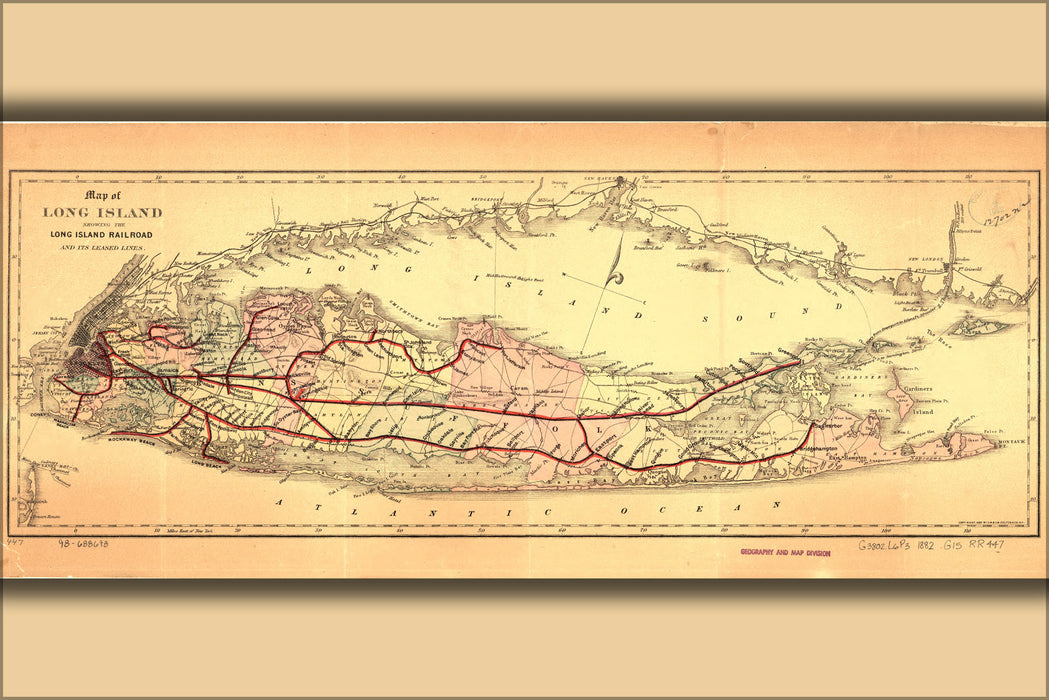 24"x36" Gallery Poster, Map of Long Island with Long Island Railroad 1882
