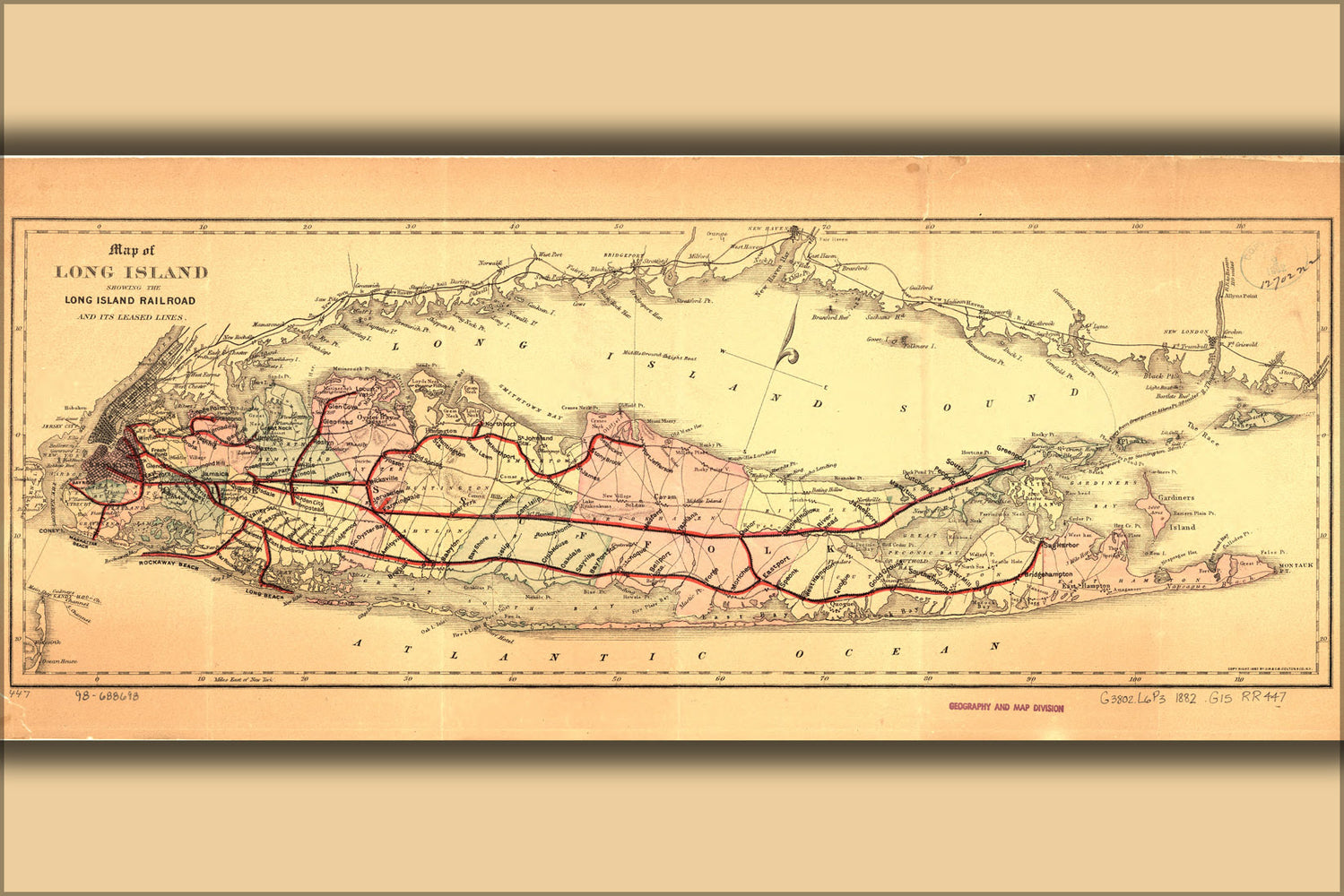 24"x36" Gallery Poster, Map of Long Island with Long Island Railroad 1882