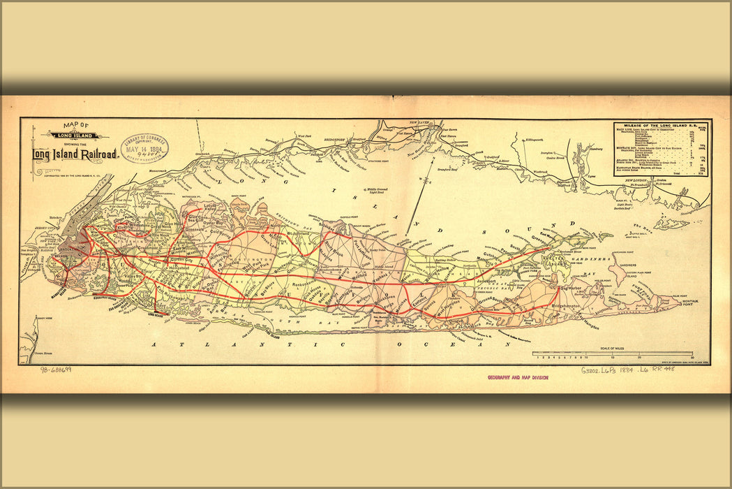 24"x36" Gallery Poster, Map of Long Island with Long Island Railroad 1884