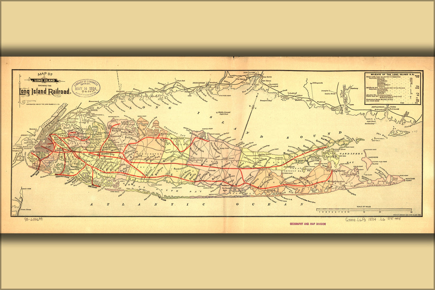 24"x36" Gallery Poster, Map of Long Island with Long Island Railroad 1884
