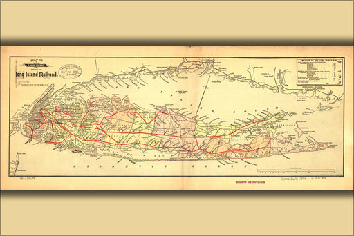 24"x36" Gallery Poster, Map of Long Island with Long Island Railroad 1884