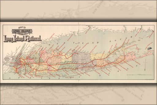 24"x36" Gallery Poster, Map of Long Island with Long Island Railroad 1895