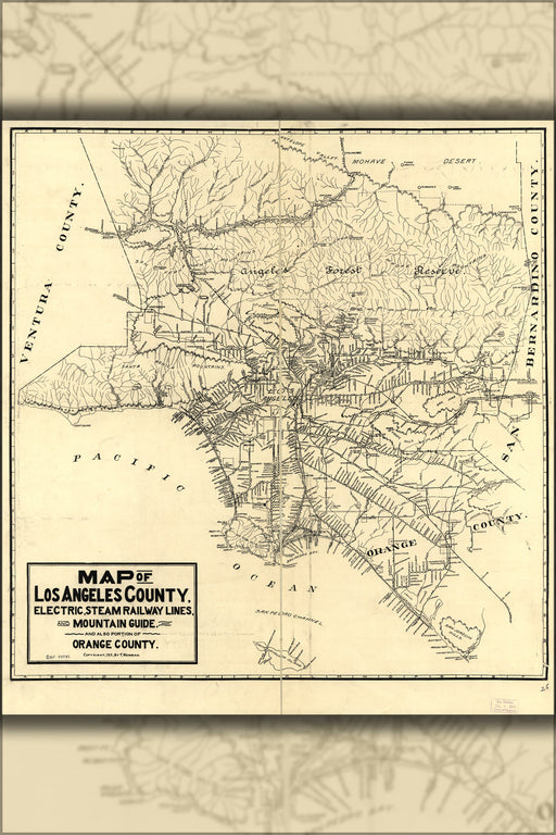 24"x36" Gallery Poster, Map of Los Angeles County 1912