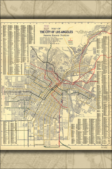 24"x36" Gallery Poster, Map of Los Angeles showing railway systems 1906