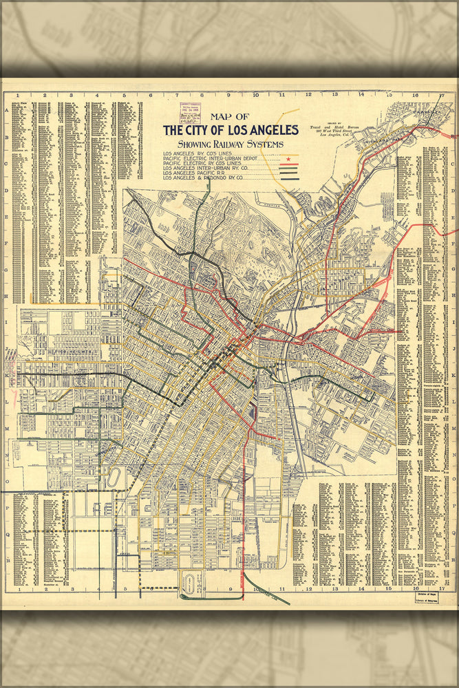 24"x36" Gallery Poster, Map of Los Angeles showing railway systems 1906