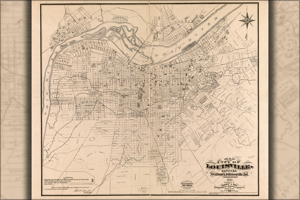24"x36" Gallery Poster, Map of Louisville Kentucky Jeffersonville 1873