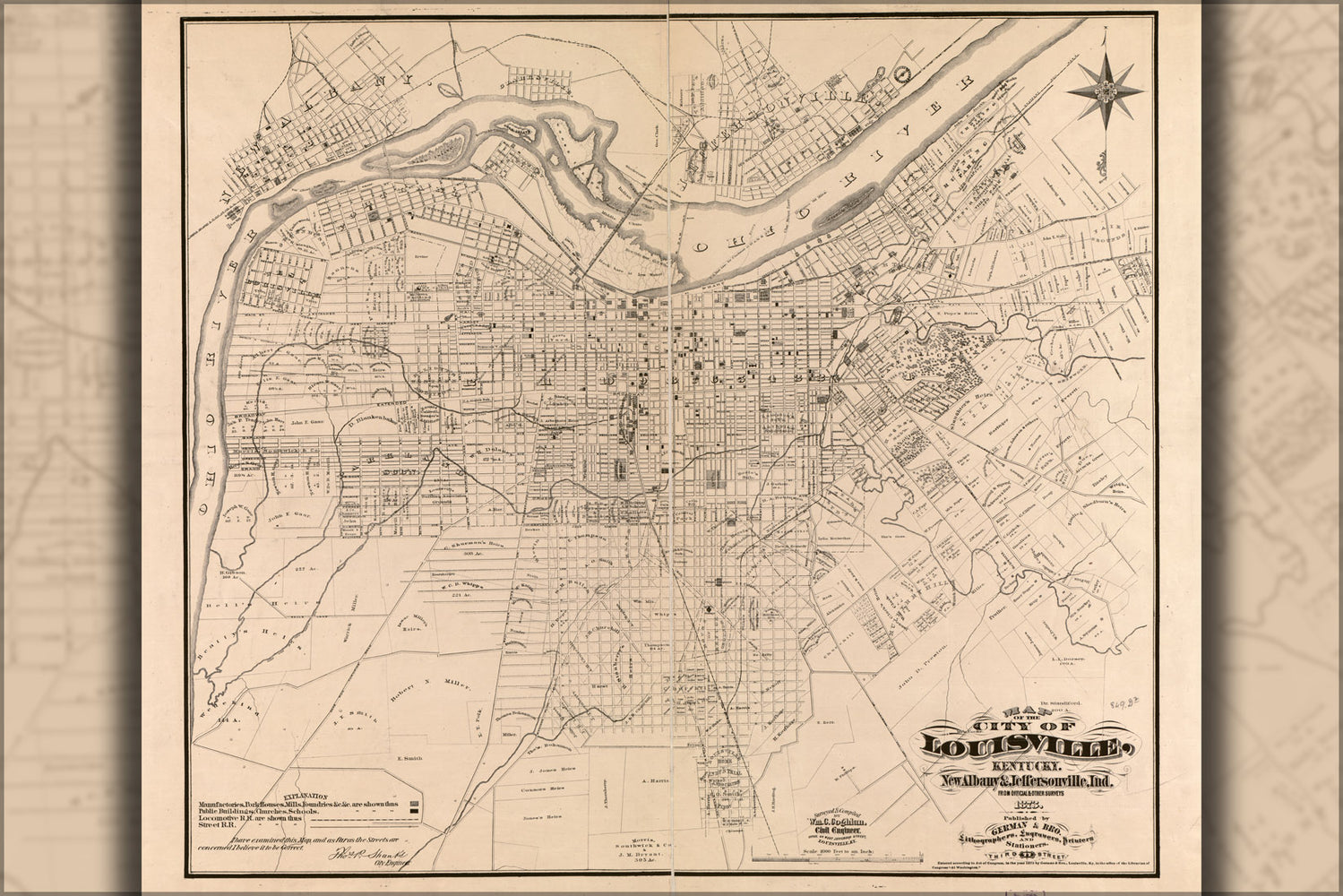 24"x36" Gallery Poster, Map of Louisville Kentucky Jeffersonville 1873