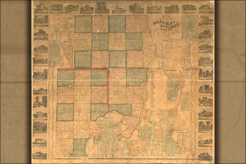 24"x36" Gallery Poster, Map of Macomb & St. Clair cos. Michigan 1859