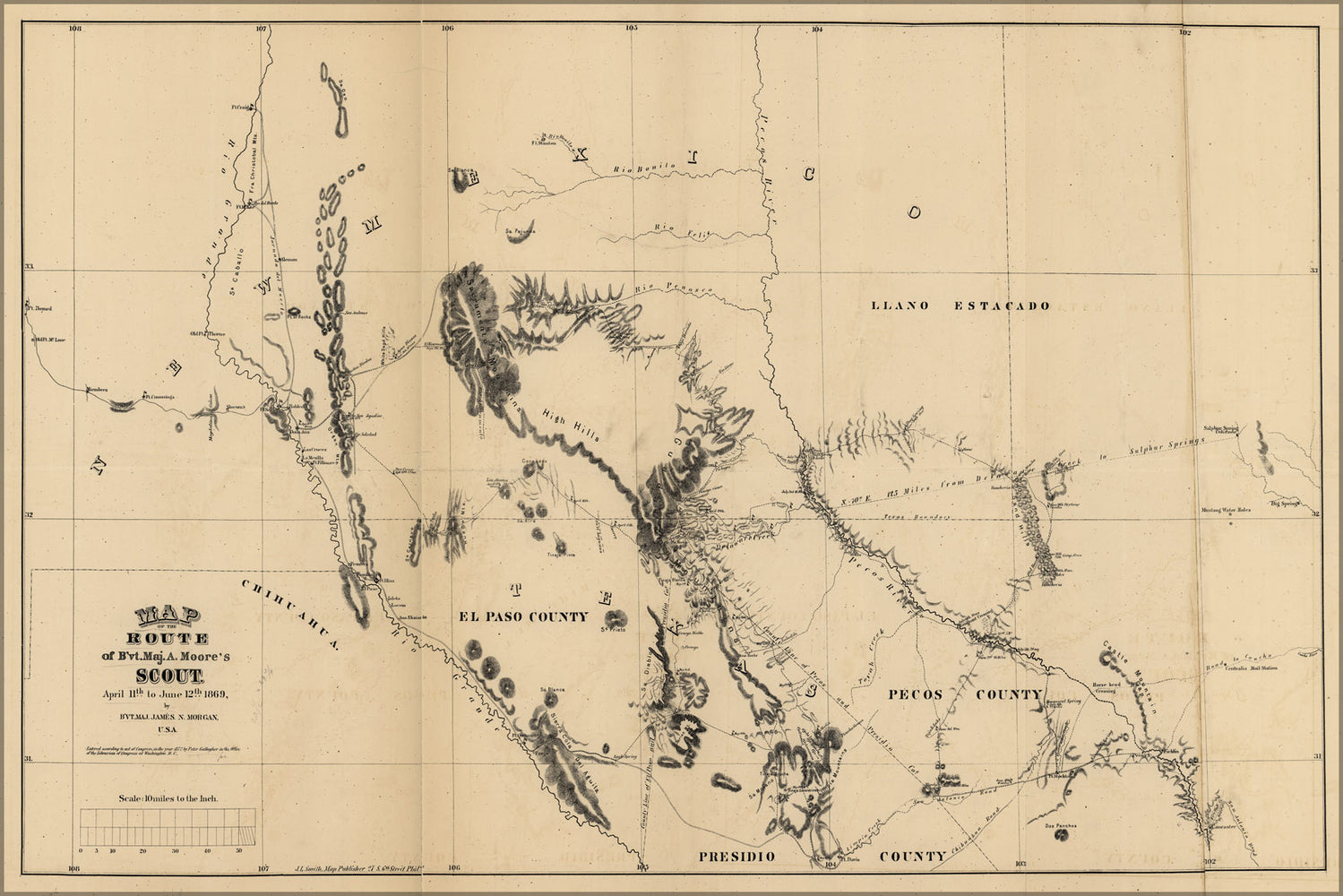 24"x36" Gallery Poster, Map of Maj Moore's scout path west texas 1869
