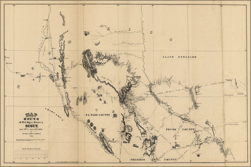 24"x36" Gallery Poster, Map of Maj Moore's scout path west texas 1869
