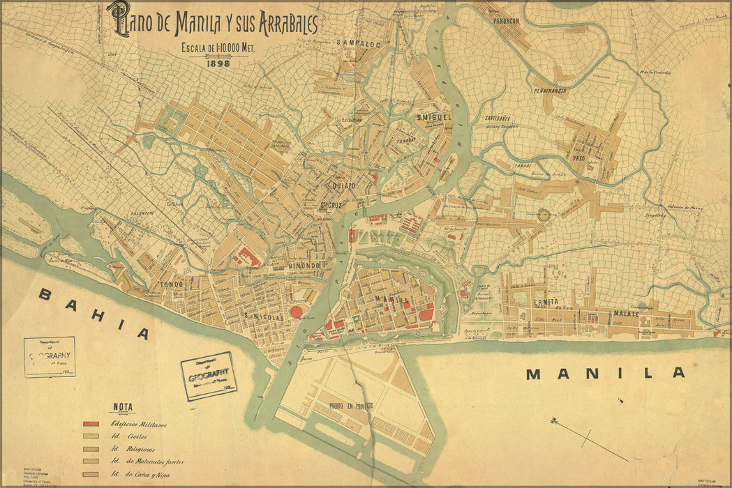 24"x36" Gallery Poster, Map of Manila and its suburbs, in Spanish language, 1898