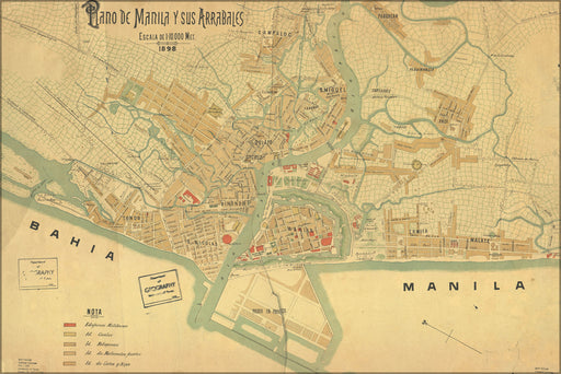 24"x36" Gallery Poster, Map of Manila and its suburbs, in Spanish language, 1898
