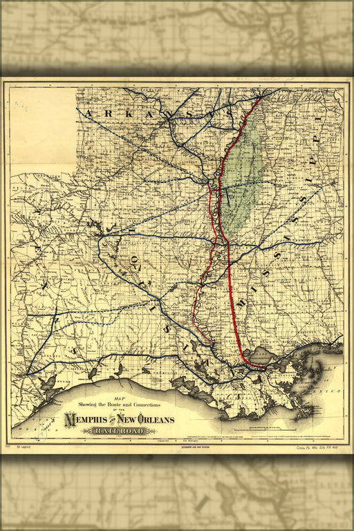 24"x36" Gallery Poster, Map of Memphis and New Orleans Railroad 1882