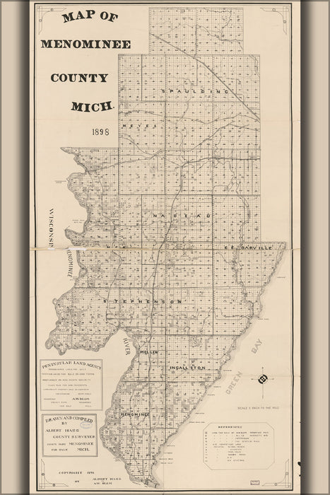 24"x36" Gallery Poster, Map of Menominee County, Michigan 1898