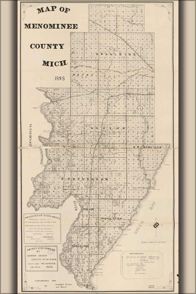 24"x36" Gallery Poster, Map of Menominee County, Michigan 1898