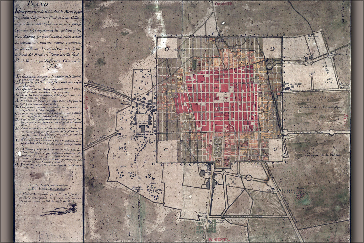 24"x36" Gallery Poster, Map of Mexico City 1794, North to the left