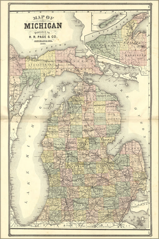 24"x36" Gallery Poster, Map of Michigan 1885