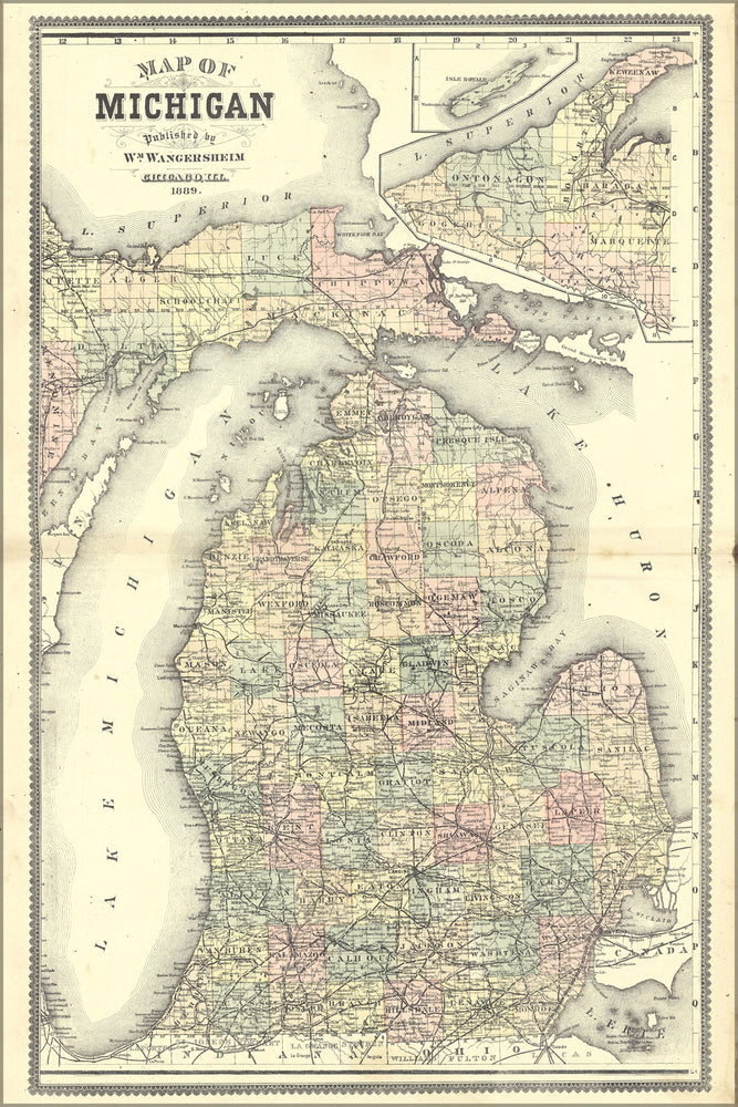 24"x36" Gallery Poster, Map of Michigan 1889