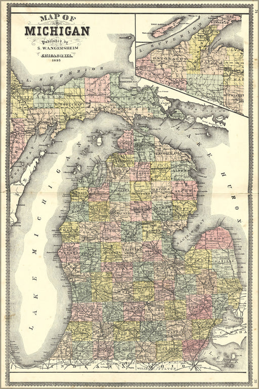 24"x36" Gallery Poster, Map of Michigan 1895