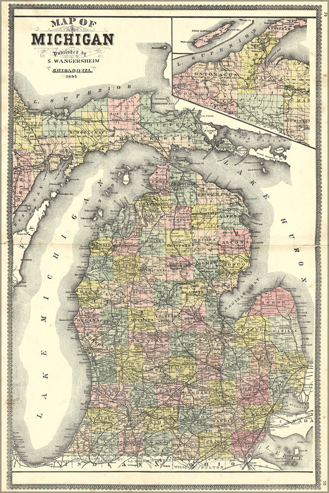 24"x36" Gallery Poster, Map of Michigan 1895