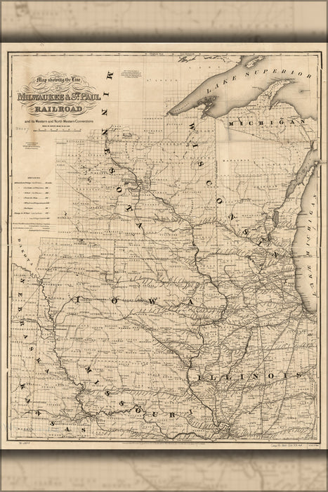 24"x36" Gallery Poster, Map of Milwaukee & St. Paul Railroad 1865