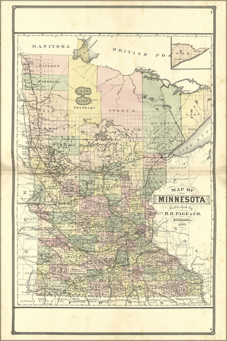 24"x36" Gallery Poster, Map of Minnesota 1885