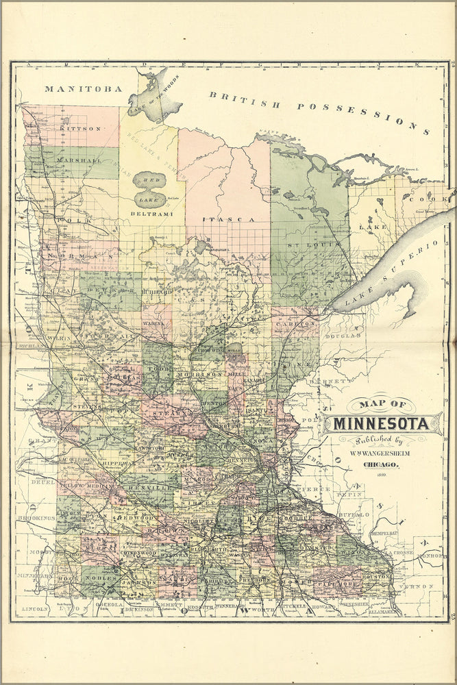 24"x36" Gallery Poster, Map of Minnesota 1889